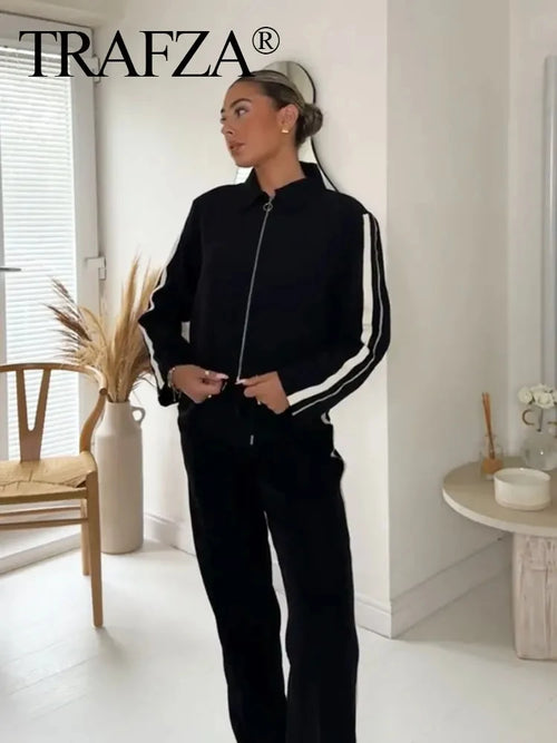 HH Women Casual Sports Suit Fashion Side Stripe Lapel Long Sleeve Zipper Jacket Female Chic Elastic Waist Wide Leg Pants