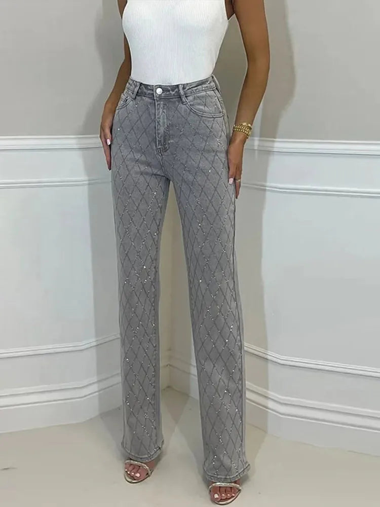 Diamond-shaped Rhinestones Woman's Denim Pants Shiny Diamond Straight Jeans for Women High Rise Trousers Y2k High Street Pants