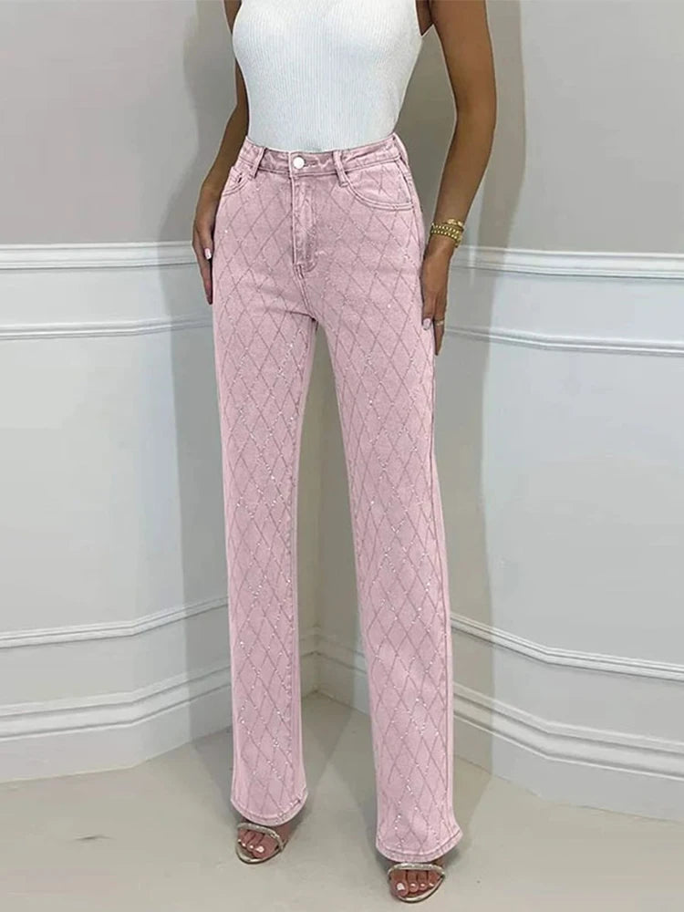 Diamond-shaped Rhinestones Woman's Denim Pants Shiny Diamond Straight Jeans for Women High Rise Trousers Y2k High Street Pants