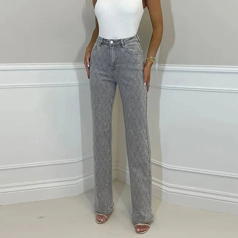 Diamond-shaped Rhinestones Woman's Denim Pants Shiny Diamond Straight Jeans for Women High Rise Trousers Y2k High Street Pants