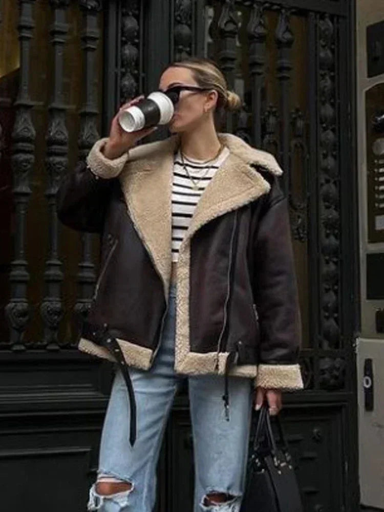 Suninheart Winter New Coats and Jackets Warm Faux Leather Jacket Thick Oversize Outerwear Long Sleeve Luxury Women's Jacket 2025