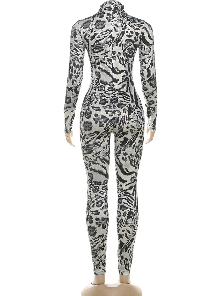 Weird Puss Fitness Jumpsuit Women Sexy Zip Leopard Print Full Sleeve Streetwear Activity Workout Casual Tight Stretch Overalls