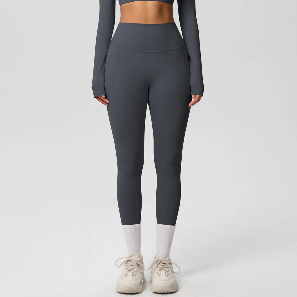 High Waist Women's Leggings Stretch Yoga Pants Tights With Pockets Push Up Fitness Running Sportswear Solid Color Pants