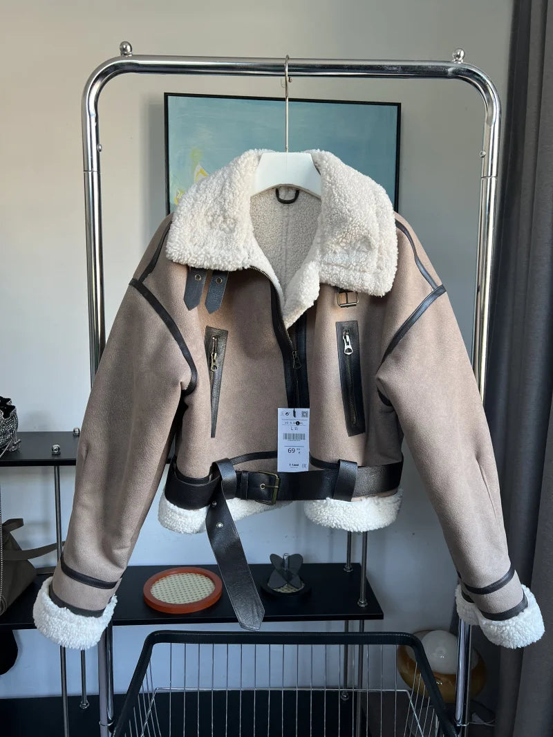 ETJ 2025 New synthetic sheepskin women's Coat Thickened thermal bomber Jacket Y2K lapel vintage winter fashion