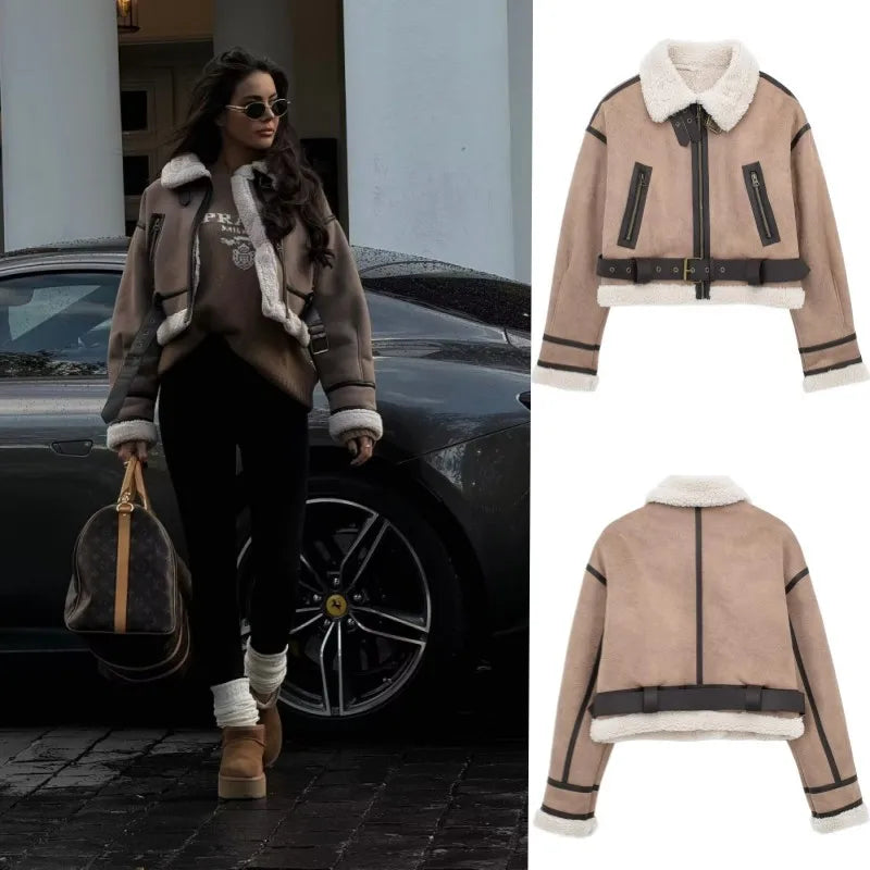 ETJ 2025 New synthetic sheepskin women's Coat Thickened thermal bomber Jacket Y2K lapel vintage winter fashion