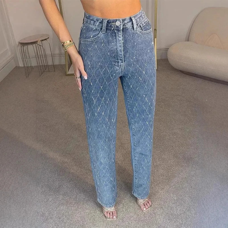 Diamond-shaped Rhinestones Woman's Denim Pants Shiny Diamond Straight Jeans for Women High Rise Trousers Y2k High Street Pants