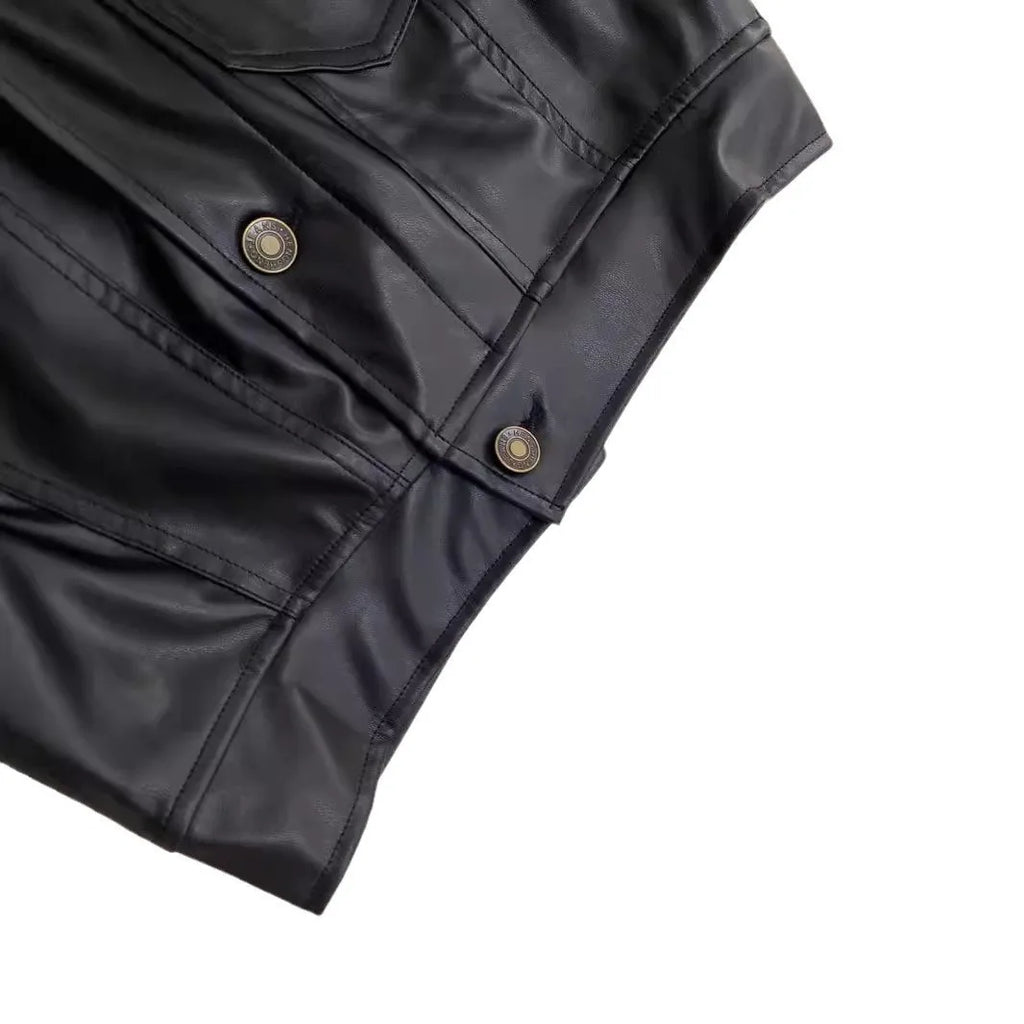 FAGADOER Y2K Punk Leather 2 Piece Sets Women Outfit Fashion Long Sleeve Buttons Crop Jacket And High Waisted Flare Pants Suit