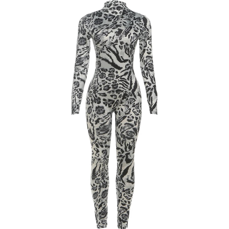Weird Puss Fitness Jumpsuit Women Sexy Zip Leopard Print Full Sleeve Streetwear Activity Workout Casual Tight Stretch Overalls