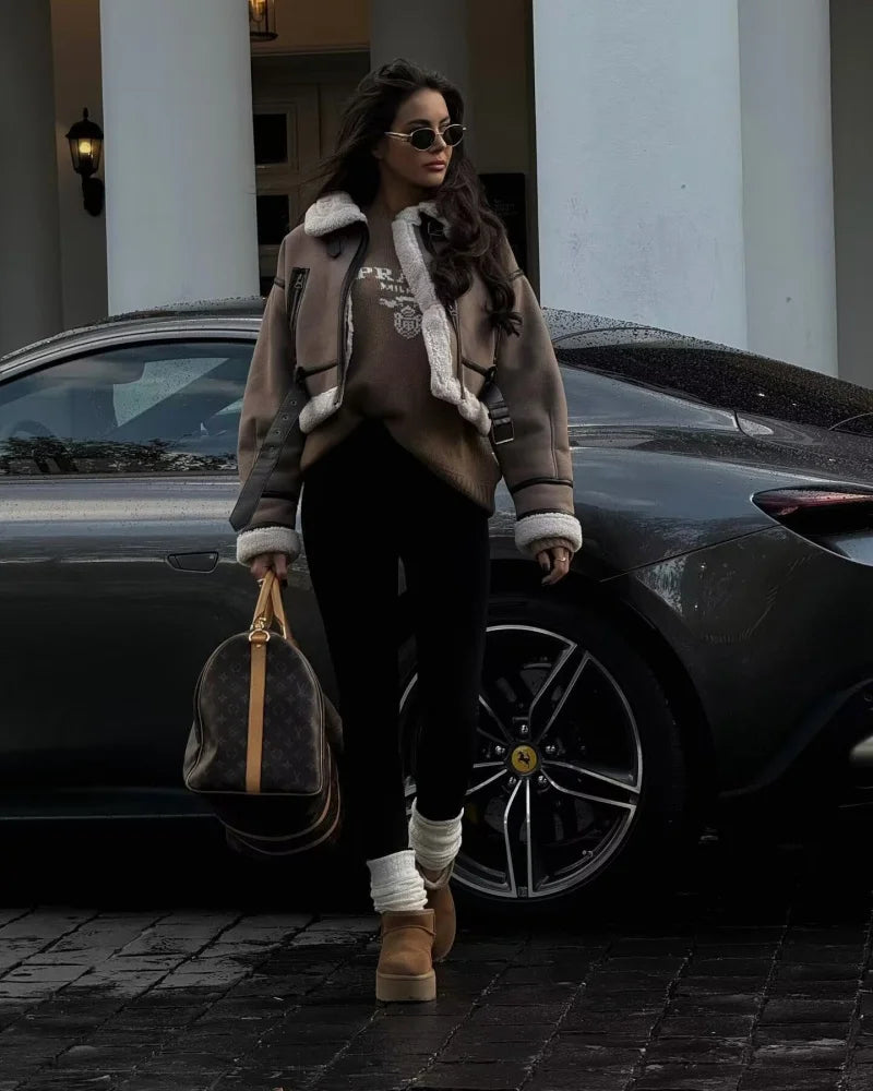 ETJ 2025 New synthetic sheepskin women's Coat Thickened thermal bomber Jacket Y2K lapel vintage winter fashion