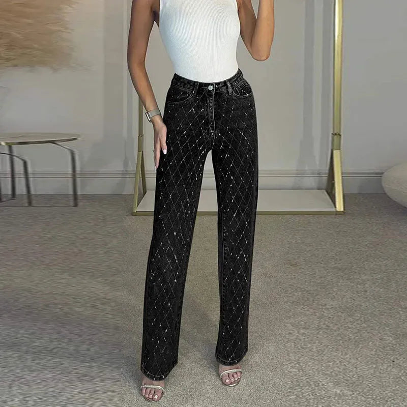 Diamond-shaped Rhinestones Woman's Denim Pants Shiny Diamond Straight Jeans for Women High Rise Trousers Y2k High Street Pants