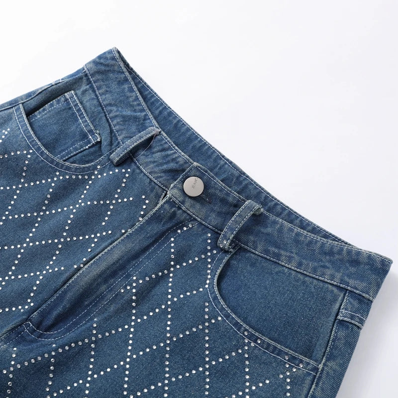 Diamond-shaped Rhinestones Woman's Denim Pants Shiny Diamond Straight Jeans for Women High Rise Trousers Y2k High Street Pants