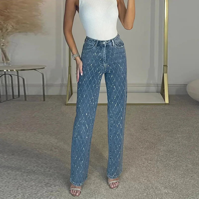 Diamond-shaped Rhinestones Woman's Denim Pants Shiny Diamond Straight Jeans for Women High Rise Trousers Y2k High Street Pants