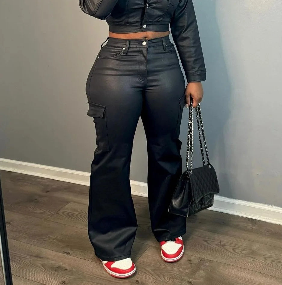 FAGADOER Y2K Punk Leather 2 Piece Sets Women Outfit Fashion Long Sleeve Buttons Crop Jacket And High Waisted Flare Pants Suit