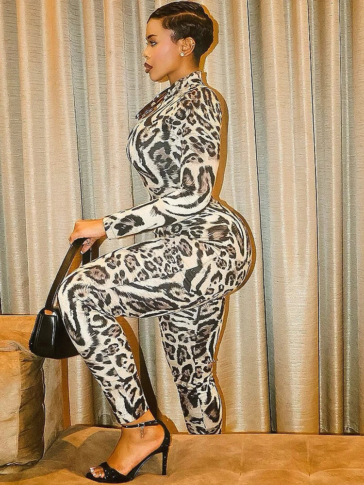 Weird Puss Fitness Jumpsuit Women Sexy Zip Leopard Print Full Sleeve Streetwear Activity Workout Casual Tight Stretch Overalls