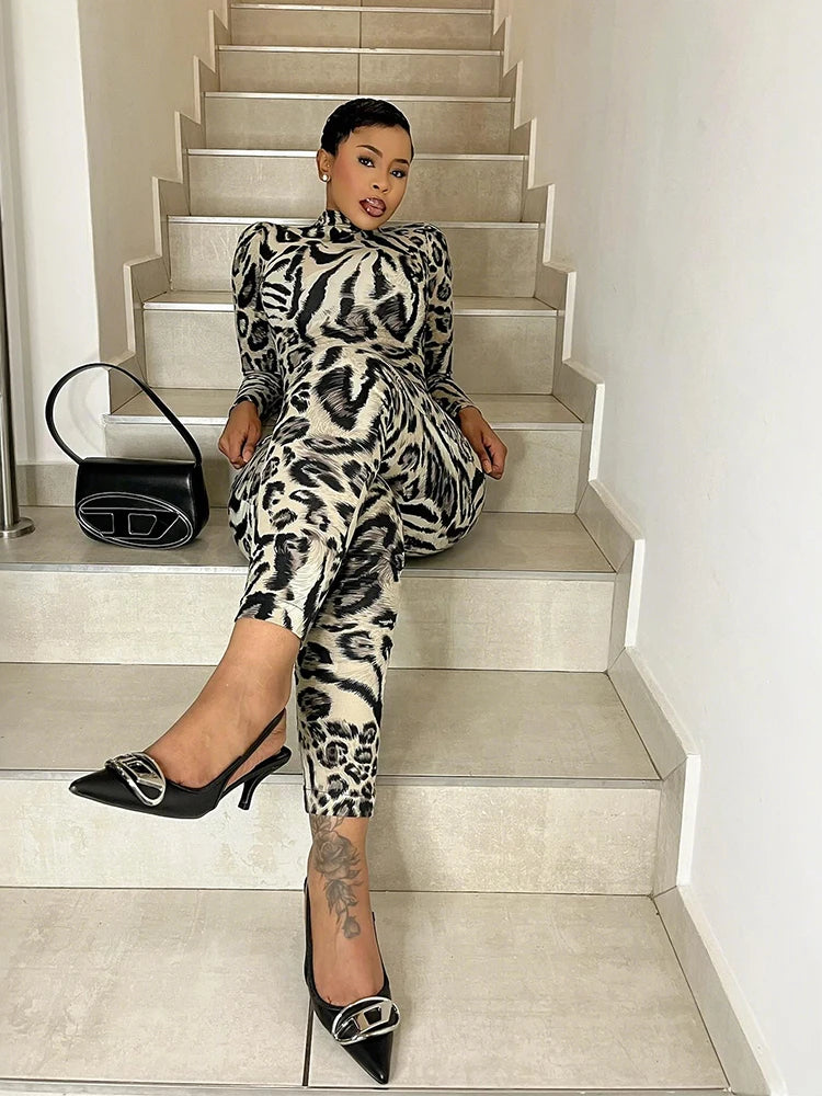 Weird Puss Fitness Jumpsuit Women Sexy Zip Leopard Print Full Sleeve Streetwear Activity Workout Casual Tight Stretch Overalls