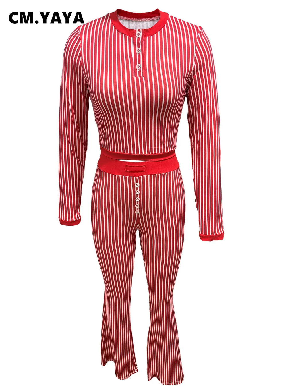 CM.YAYA Women's Set Long Sleeve Striped Crop T-shirt + Flare Pants Active Fitness Streetwear Two 2 Piece Sets Outfits Tracksuit