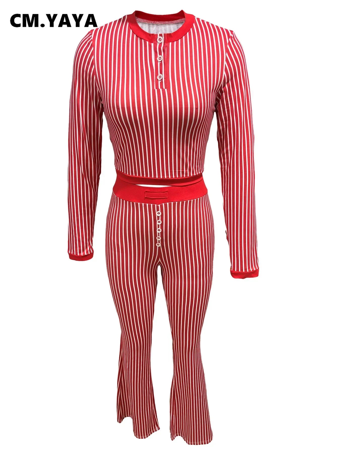 CM.YAYA Women's Set Long Sleeve Striped Crop T-shirt + Flare Pants Active Fitness Streetwear Two 2 Piece Sets Outfits Tracksuit