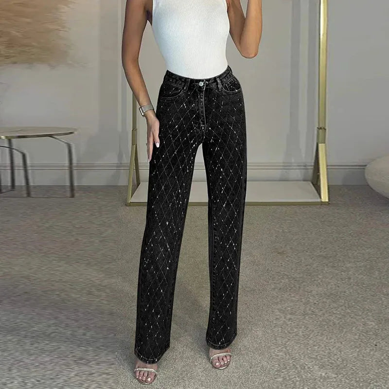 Diamond-shaped Rhinestones Woman's Denim Pants Shiny Diamond Straight Jeans for Women High Rise Trousers Y2k High Street Pants