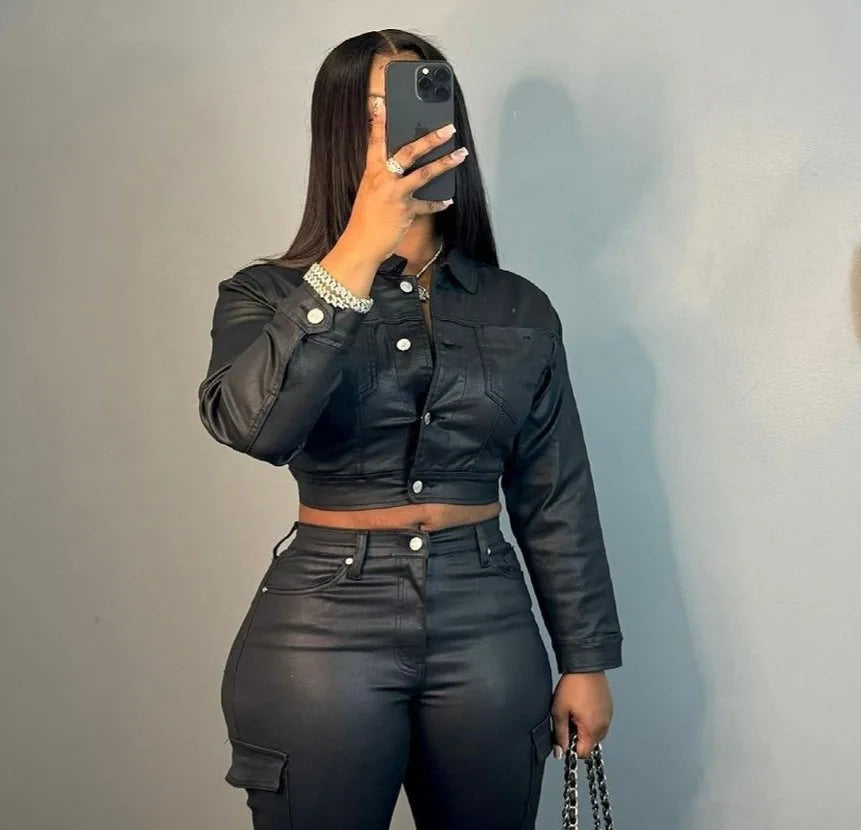 FAGADOER Y2K Punk Leather 2 Piece Sets Women Outfit Fashion Long Sleeve Buttons Crop Jacket And High Waisted Flare Pants Suit