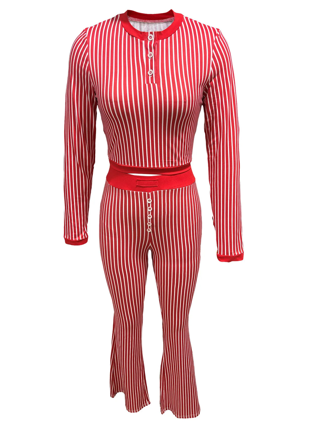 CM.YAYA Women's Set Long Sleeve Striped Crop T-shirt + Flare Pants Active Fitness Streetwear Two 2 Piece Sets Outfits Tracksuit