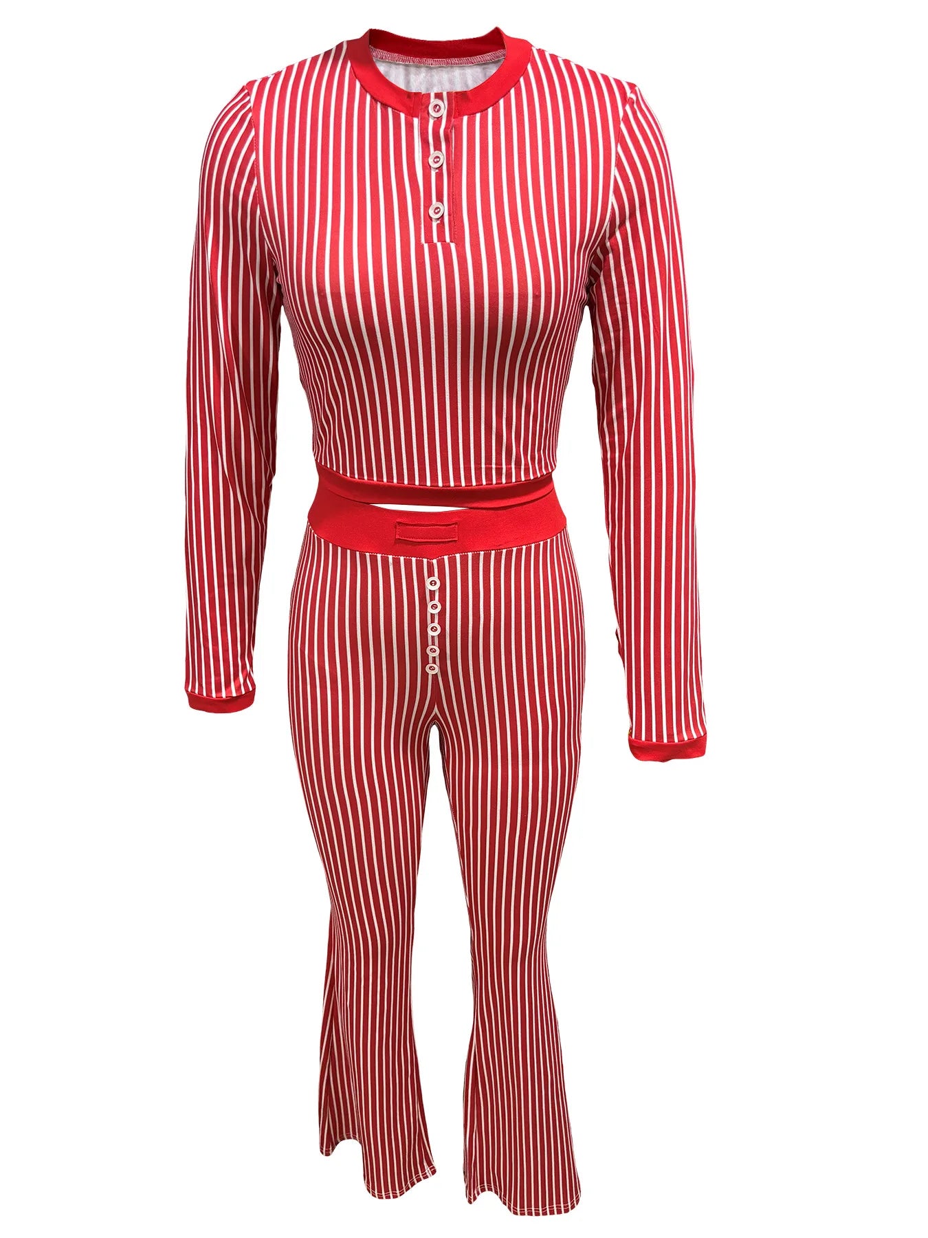 CM.YAYA Women's Set Long Sleeve Striped Crop T-shirt + Flare Pants Active Fitness Streetwear Two 2 Piece Sets Outfits Tracksuit