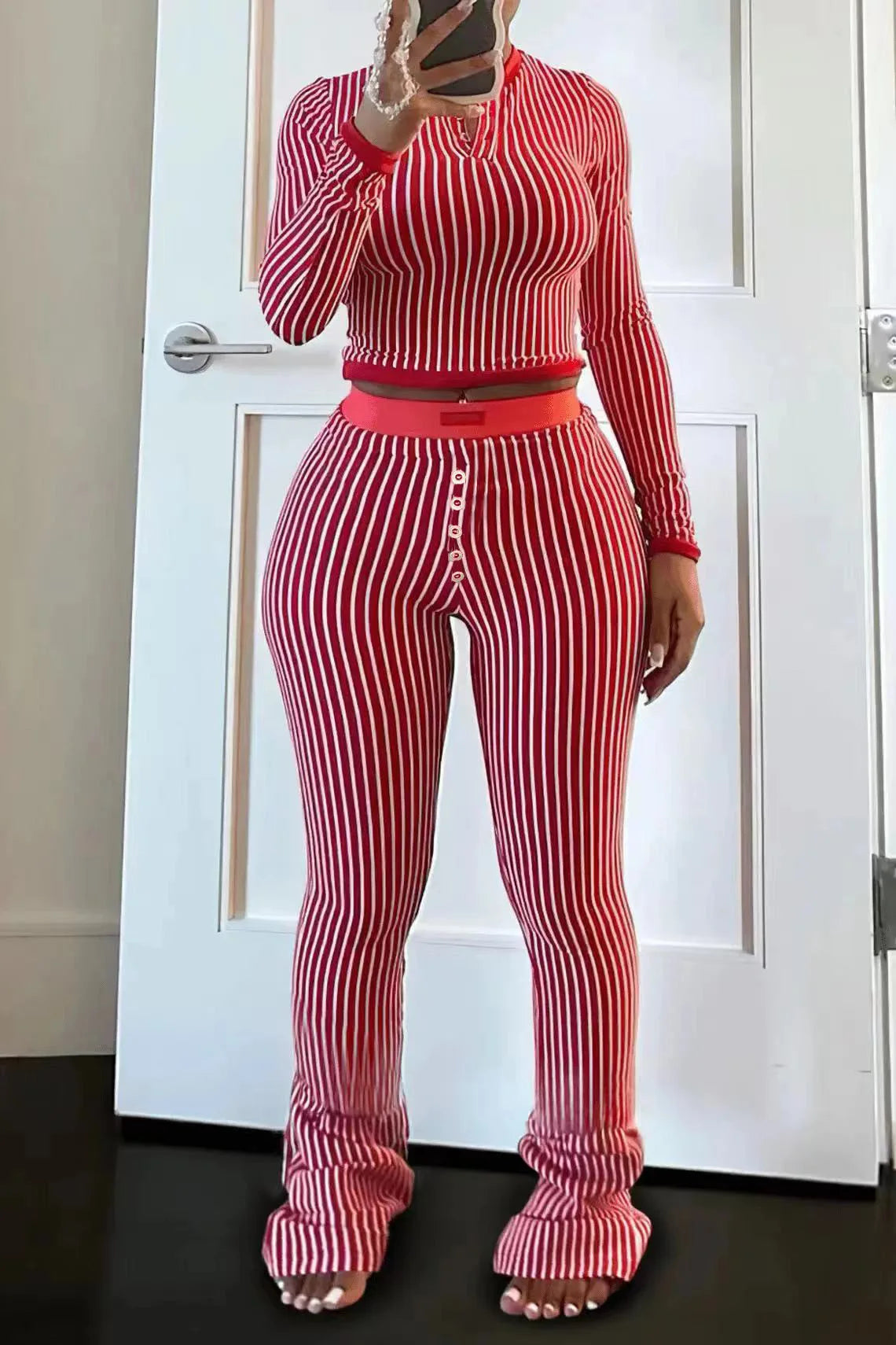 CM.YAYA Women's Set Long Sleeve Striped Crop T-shirt + Flare Pants Active Fitness Streetwear Two 2 Piece Sets Outfits Tracksuit
