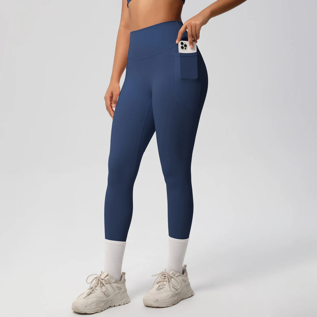 High Waist Women's Leggings Stretch Yoga Pants Tights With Pockets Push Up Fitness Running Sportswear Solid Color Pants