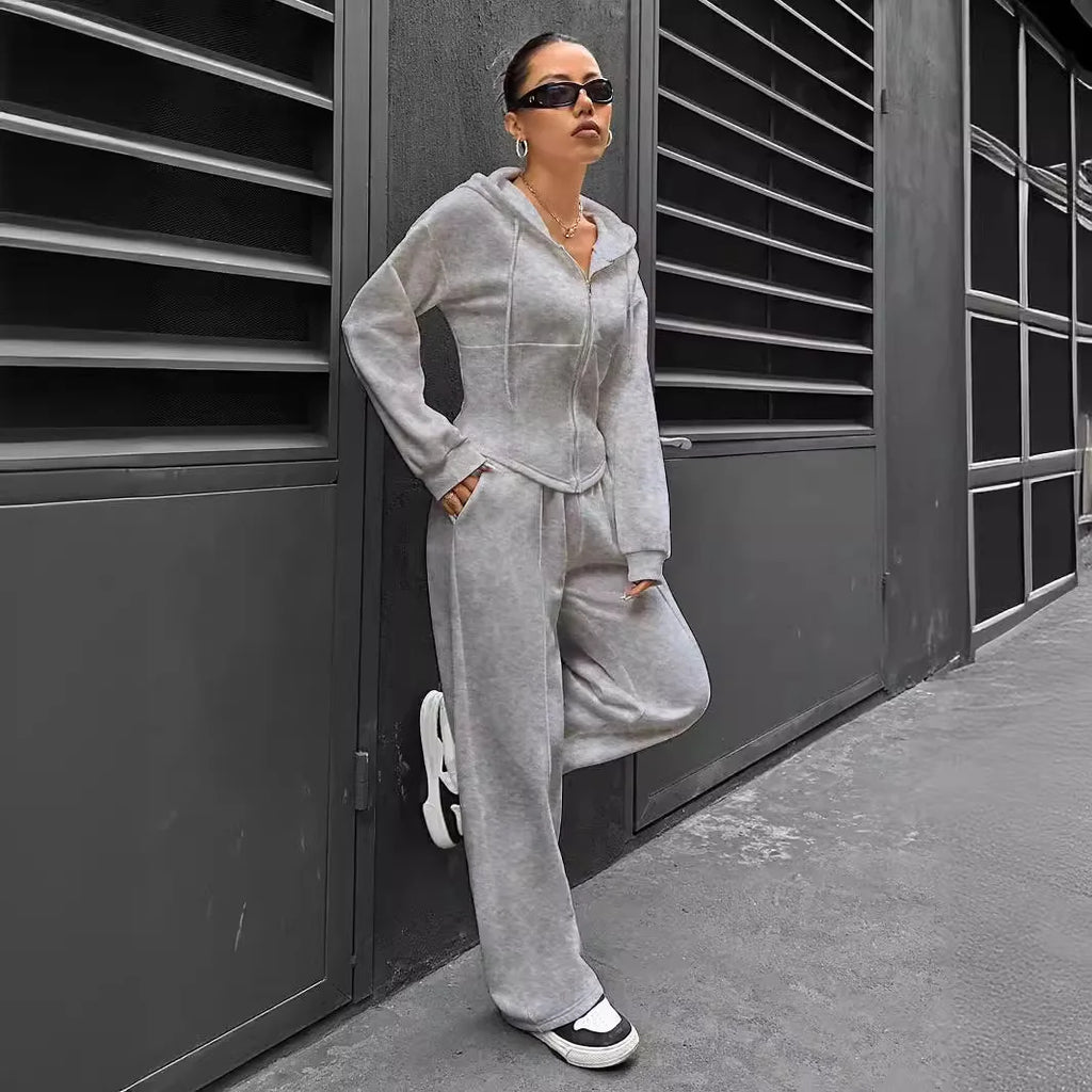 Women's Zip-Up Hoodie & Straight Trousers Set