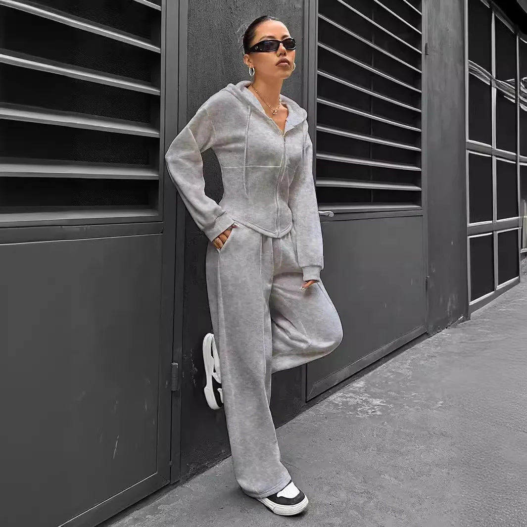 Women's Zip-Up Hoodie & Straight Trousers Set