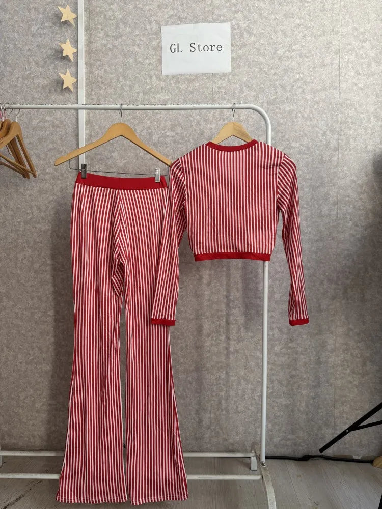 CM.YAYA Women's Set Long Sleeve Striped Crop T-shirt + Flare Pants Active Fitness Streetwear Two 2 Piece Sets Outfits Tracksuit