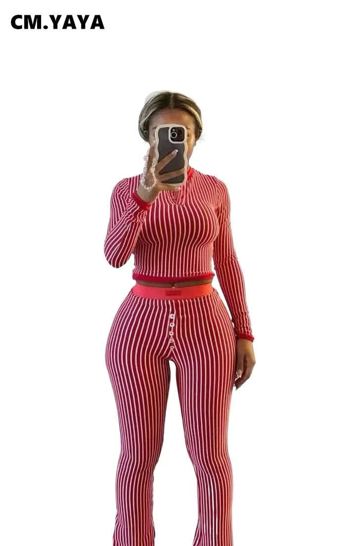 CM.YAYA Women's Set Long Sleeve Striped Crop T-shirt + Flare Pants Active Fitness Streetwear Two 2 Piece Sets Outfits Tracksuit