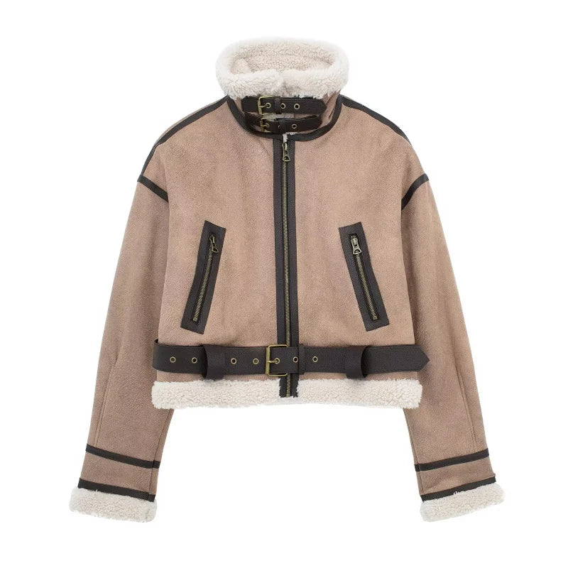 ETJ 2025 New synthetic sheepskin women's Coat Thickened thermal bomber Jacket Y2K lapel vintage winter fashion