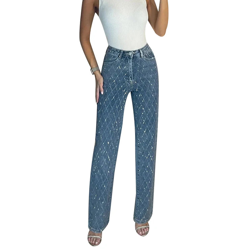 Diamond-shaped Rhinestones Woman's Denim Pants Shiny Diamond Straight Jeans for Women High Rise Trousers Y2k High Street Pants