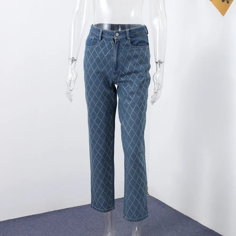Diamond-shaped Rhinestones Woman's Denim Pants Shiny Diamond Straight Jeans for Women High Rise Trousers Y2k High Street Pants