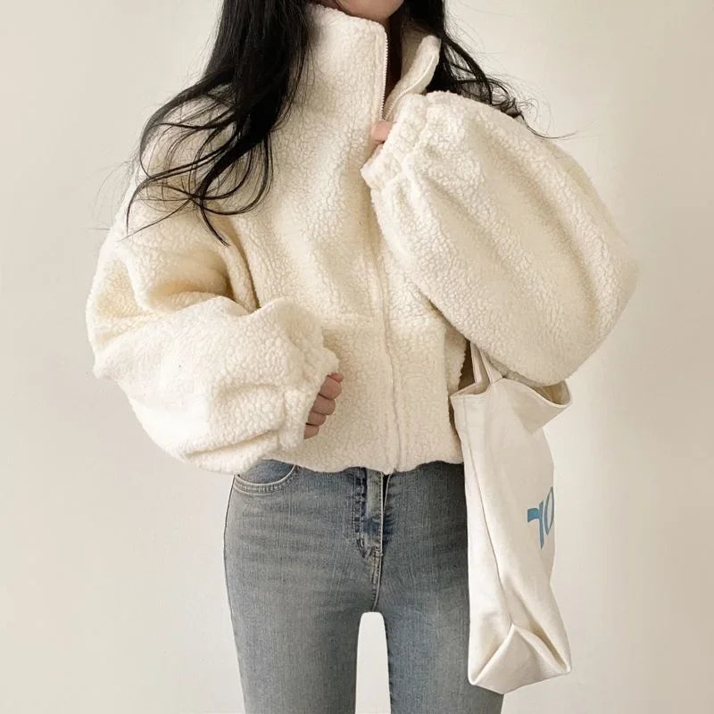 Korean Style Cropped Stand Collar Warm Faux Sheep Velvet Jacket For Women New Arrival Loose Fit Cardigan Top For Autumn/Winter