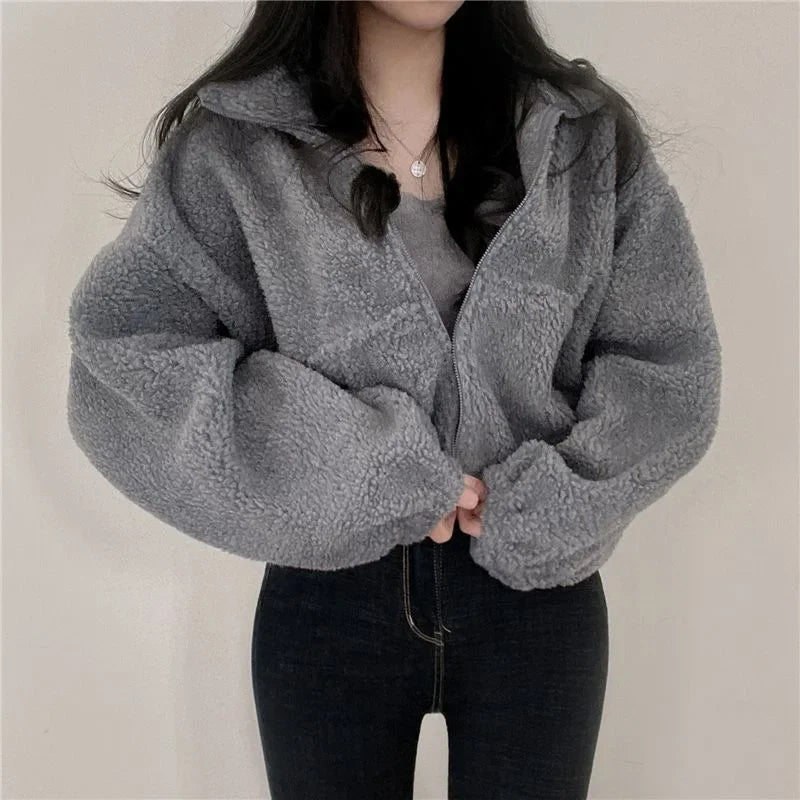 Korean Style Cropped Stand Collar Warm Faux Sheep Velvet Jacket For Women New Arrival Loose Fit Cardigan Top For Autumn/Winter
