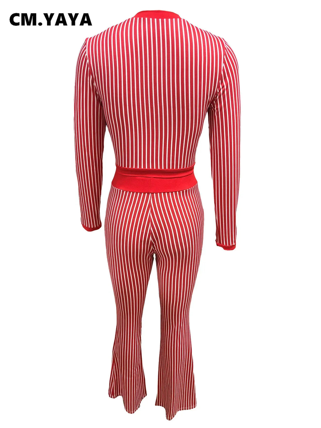CM.YAYA Women's Set Long Sleeve Striped Crop T-shirt + Flare Pants Active Fitness Streetwear Two 2 Piece Sets Outfits Tracksuit