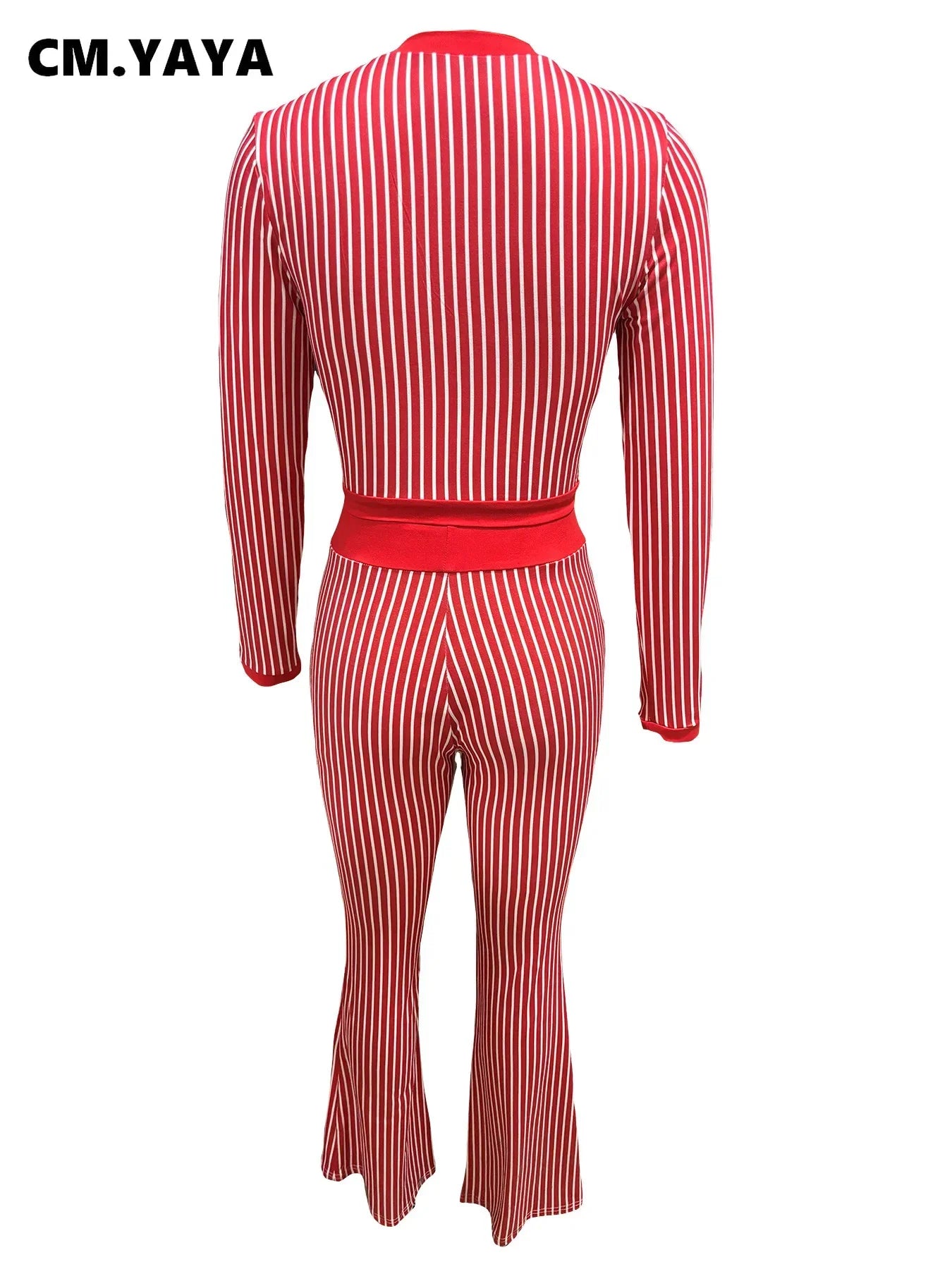 CM.YAYA Women's Set Long Sleeve Striped Crop T-shirt + Flare Pants Active Fitness Streetwear Two 2 Piece Sets Outfits Tracksuit