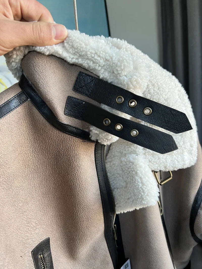 ETJ 2025 New synthetic sheepskin women's Coat Thickened thermal bomber Jacket Y2K lapel vintage winter fashion