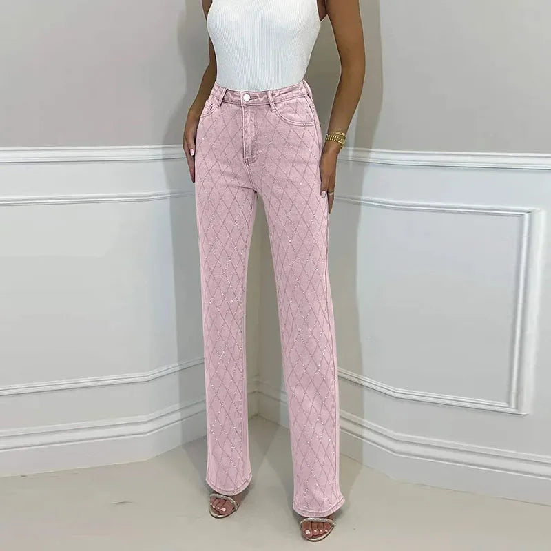 Diamond-shaped Rhinestones Woman's Denim Pants Shiny Diamond Straight Jeans for Women High Rise Trousers Y2k High Street Pants