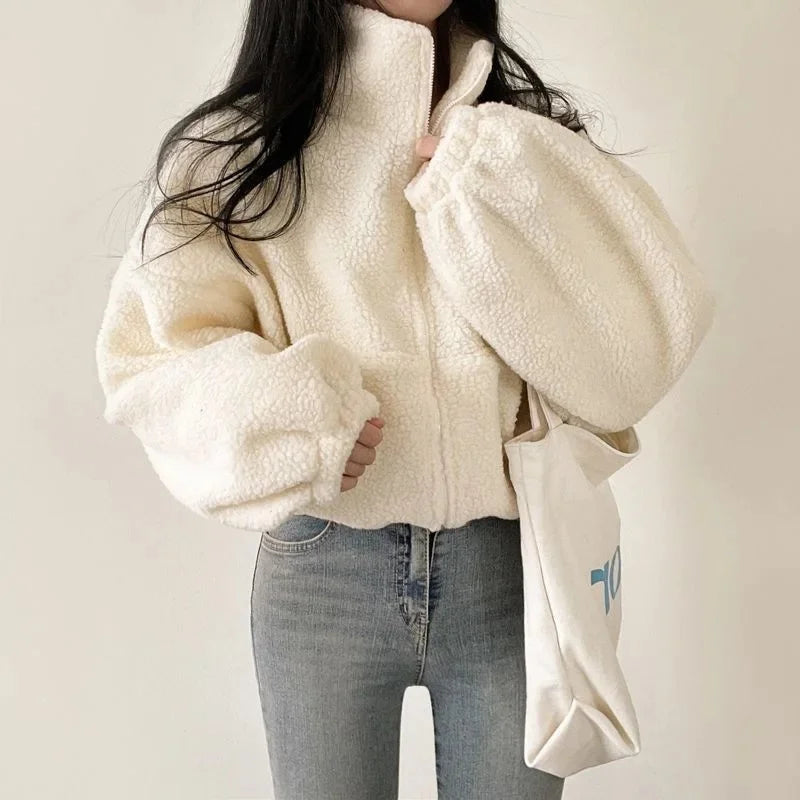 Korean Style Cropped Stand Collar Warm Faux Sheep Velvet Jacket For Women New Arrival Loose Fit Cardigan Top For Autumn/Winter