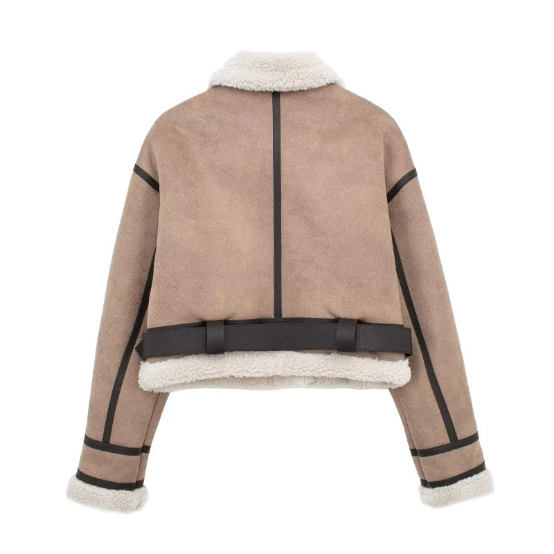 ETJ 2025 New synthetic sheepskin women's Coat Thickened thermal bomber Jacket Y2K lapel vintage winter fashion