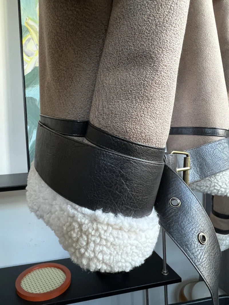 ETJ 2025 New synthetic sheepskin women's Coat Thickened thermal bomber Jacket Y2K lapel vintage winter fashion