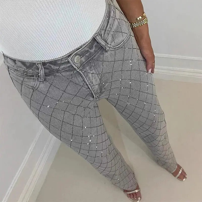 Diamond-shaped Rhinestones Woman's Denim Pants Shiny Diamond Straight Jeans for Women High Rise Trousers Y2k High Street Pants