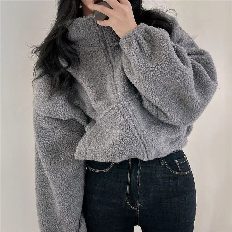 Korean Style Cropped Stand Collar Warm Faux Sheep Velvet Jacket For Women New Arrival Loose Fit Cardigan Top For Autumn/Winter