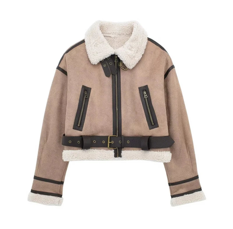 ETJ 2025 New synthetic sheepskin women's Coat Thickened thermal bomber Jacket Y2K lapel vintage winter fashion