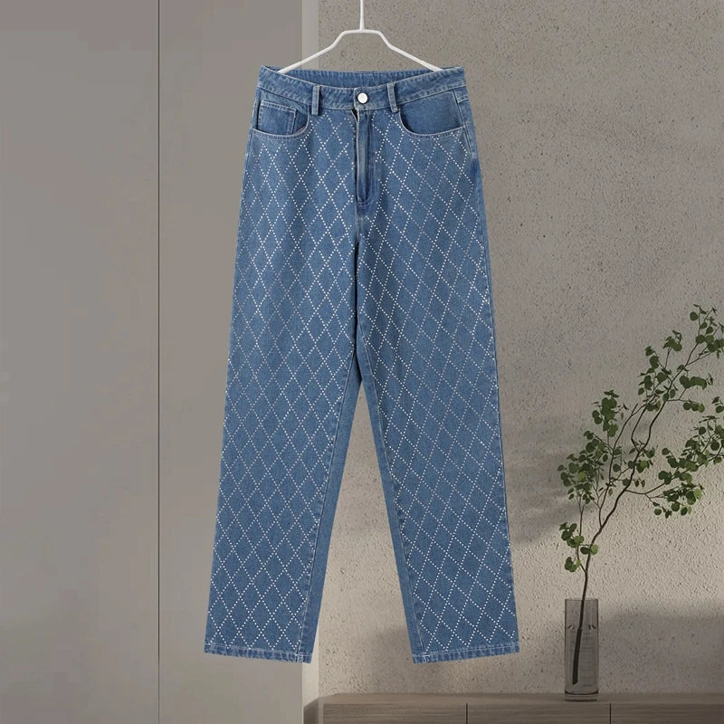 Diamond-shaped Rhinestones Woman's Denim Pants Shiny Diamond Straight Jeans for Women High Rise Trousers Y2k High Street Pants