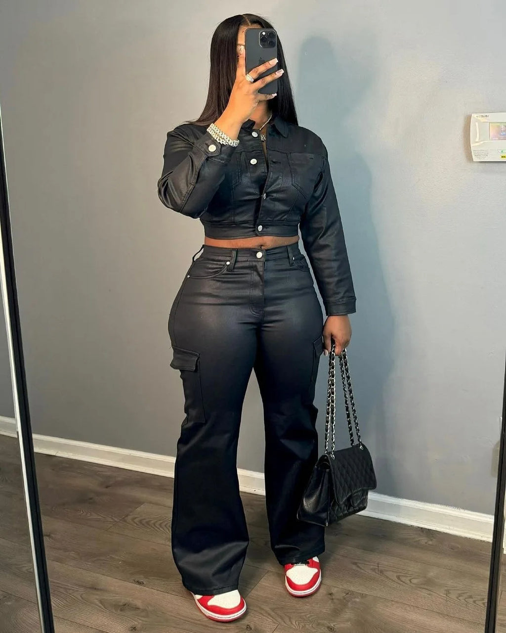 FAGADOER Y2K Punk Leather 2 Piece Sets Women Outfit Fashion Long Sleeve Buttons Crop Jacket And High Waisted Flare Pants Suit