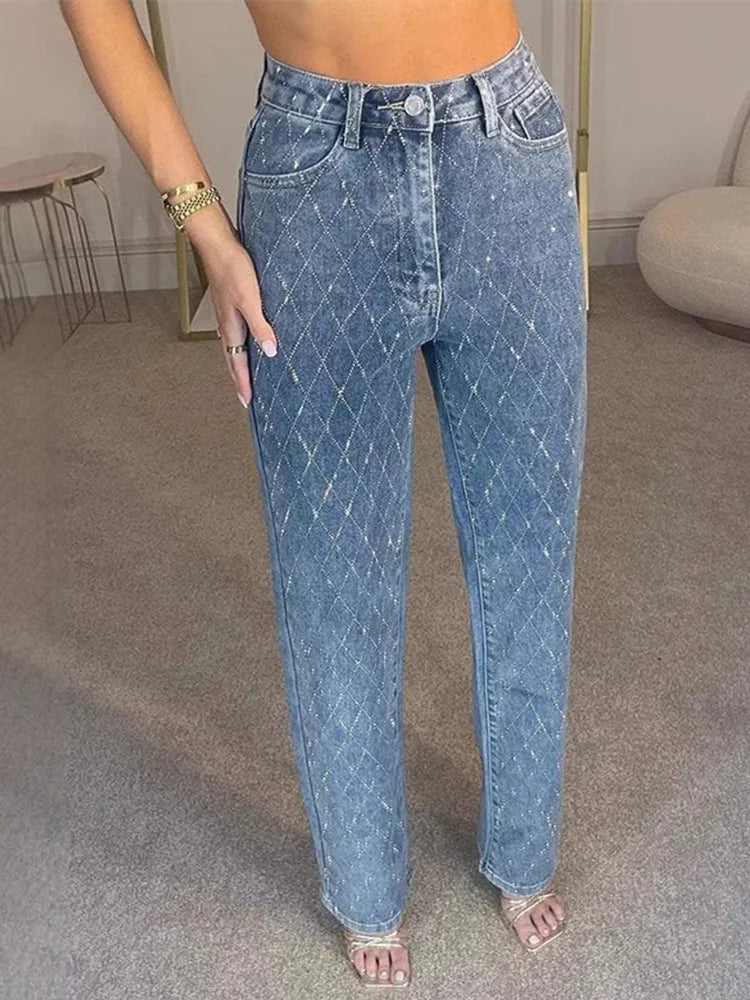Diamond-shaped Rhinestones Woman's Denim Pants Shiny Diamond Straight Jeans for Women High Rise Trousers Y2k High Street Pants