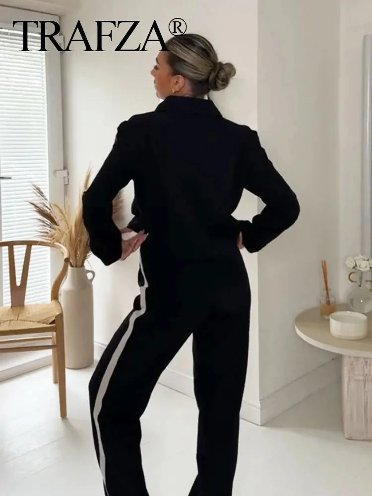 HH Women Casual Sports Suit Fashion Side Stripe Lapel Long Sleeve Zipper Jacket Female Chic Elastic Waist Wide Leg Pants